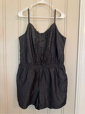 Cato Plus Size Black Denim Romper Smocked Waist Ruffle Detail lightweight